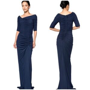 Tadashi Shoji asymmetric draped mesh gown, navy blue, ruched mesh layer, size S